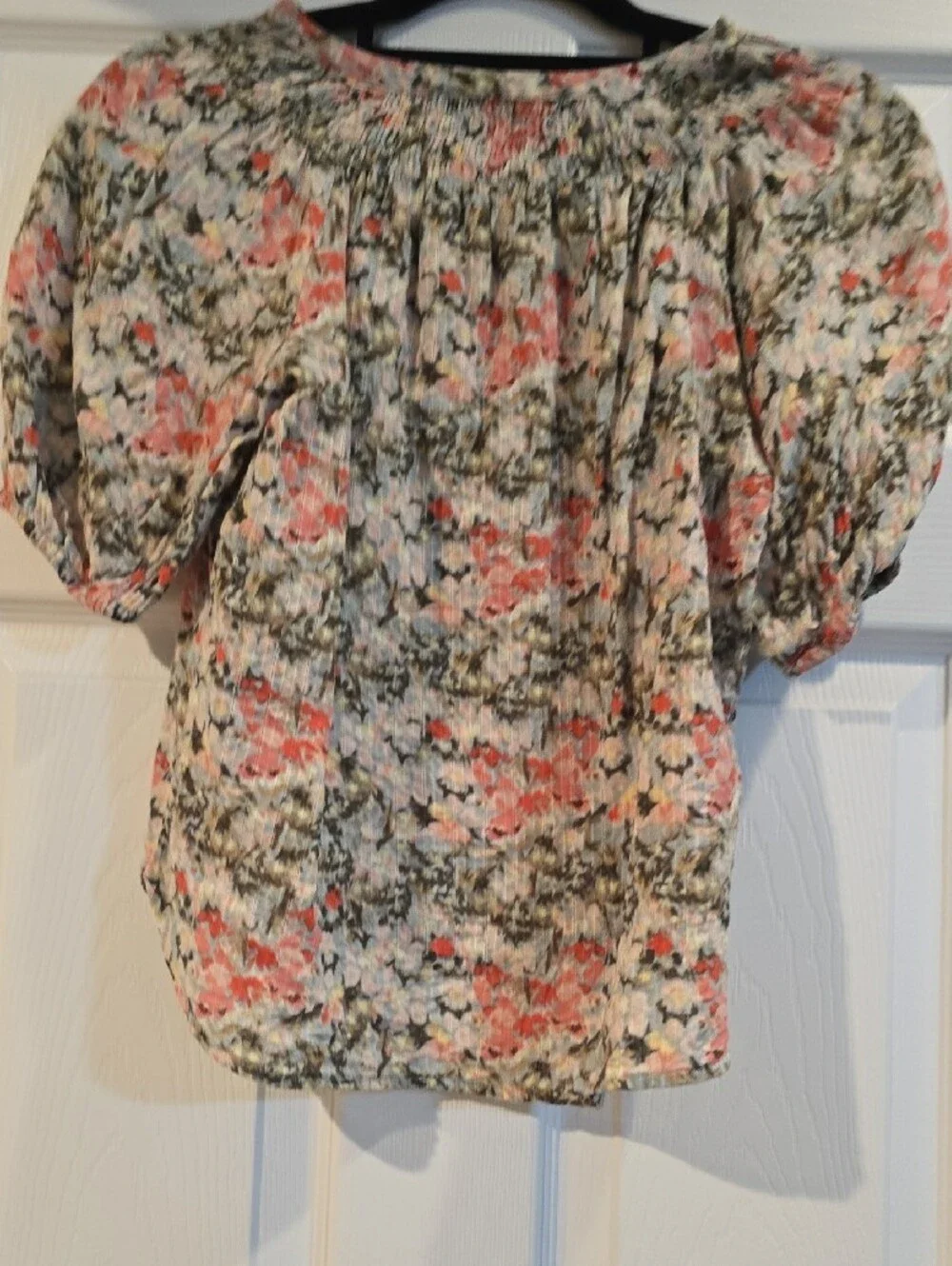 LOFT Coral, Olive and Cream Floral Smocked-Neck Blouse